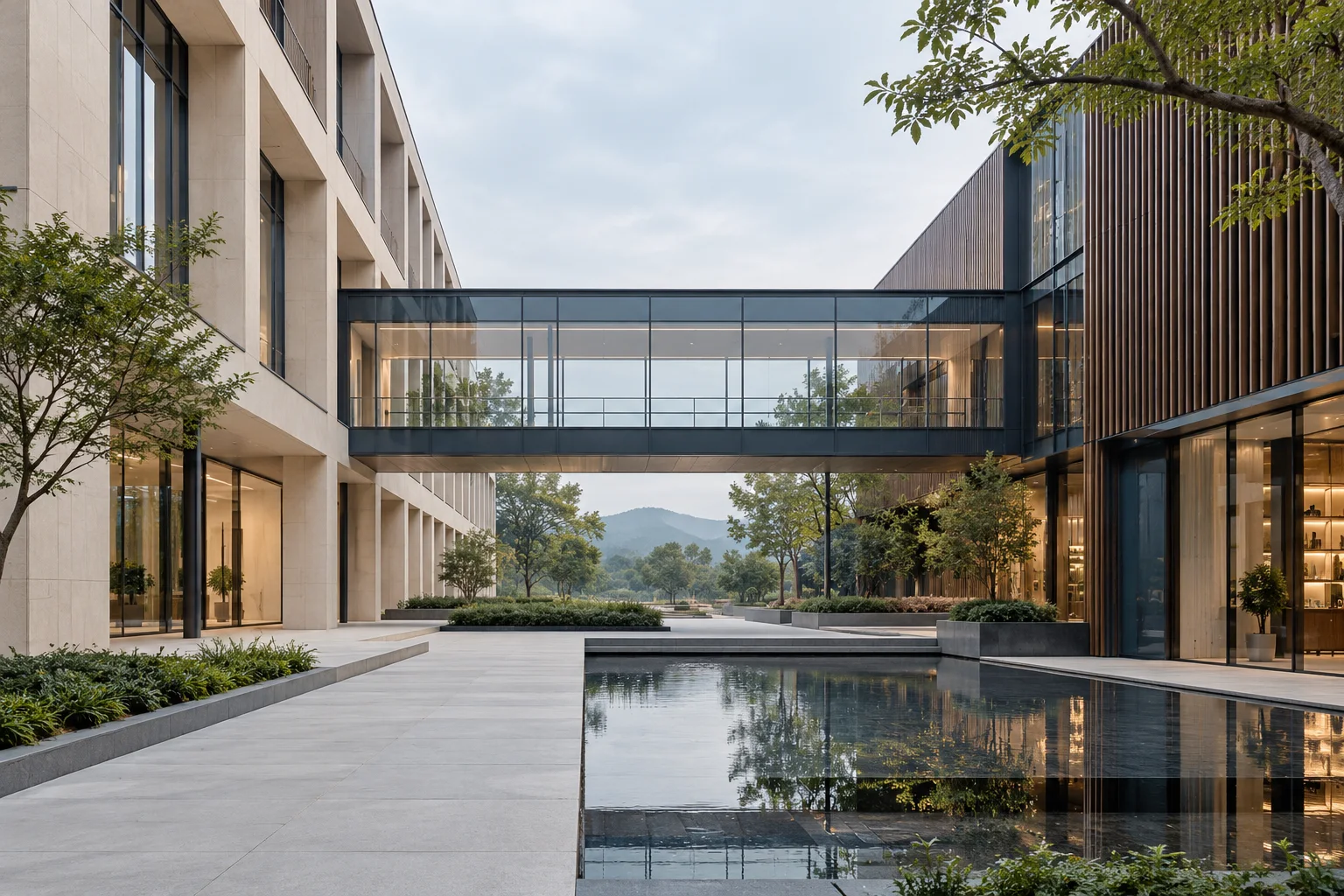 两翼不同材质的建筑通过通透廊桥相连，体量真实克制，以空间关系表达调整与协同
