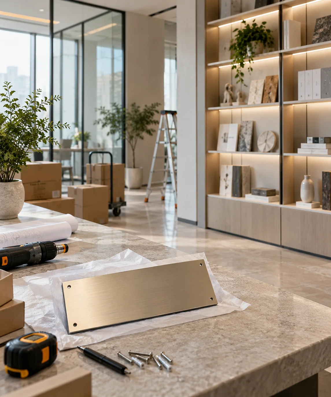 新工作室的样品展示墙刚布置好,未安装的空白门牌与工具放在前景,表达搬迁更新