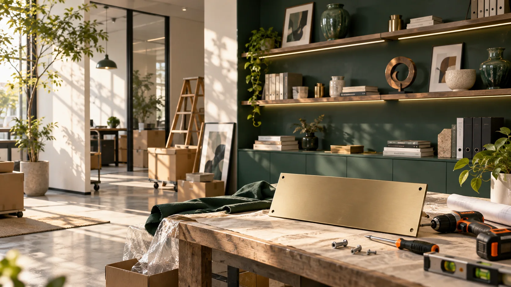 新工作室的样品展示墙刚布置好,未安装的空白门牌与工具放在前景,表达搬迁更新