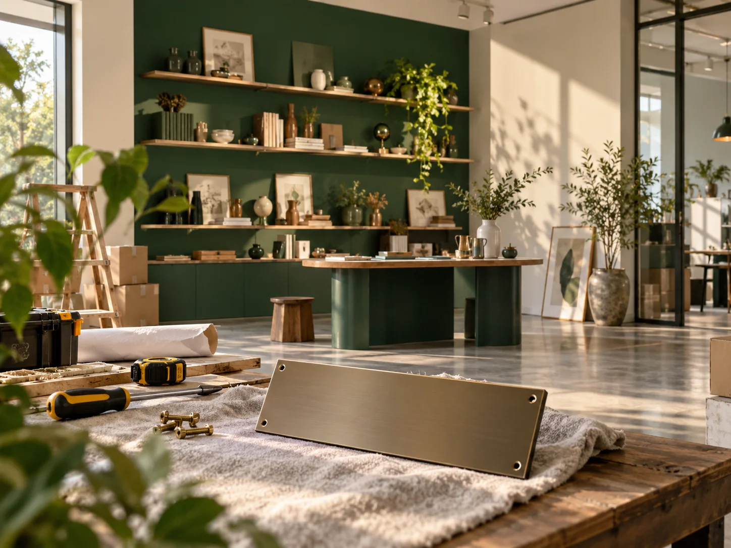 新工作室的样品展示墙刚布置好,未安装的空白门牌与工具放在前景,表达搬迁更新