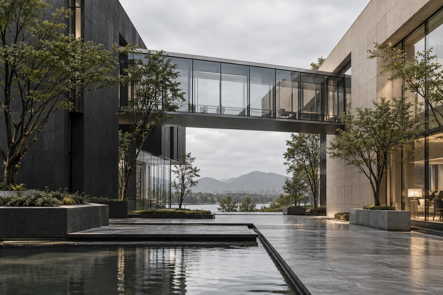 两翼不同材质的建筑通过通透廊桥相连,体量真实克制,以空间关系表达调整与协同