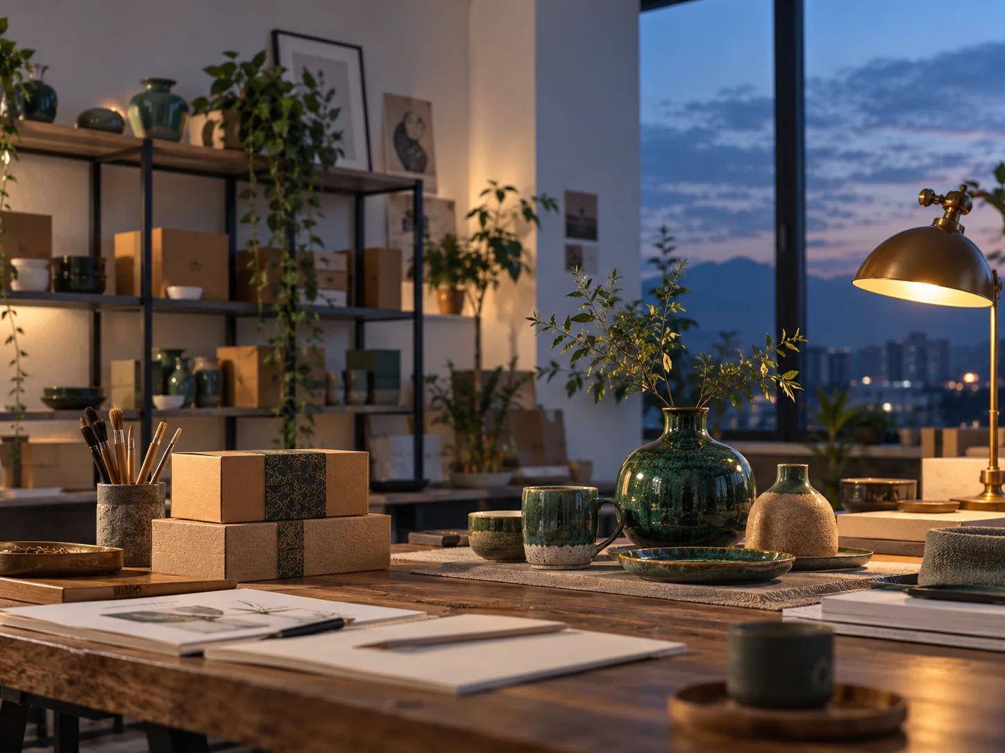 产品设计工作室的陶瓷和包装样品,旁边只有少量业务记录,账务支持产品经营的关系明确