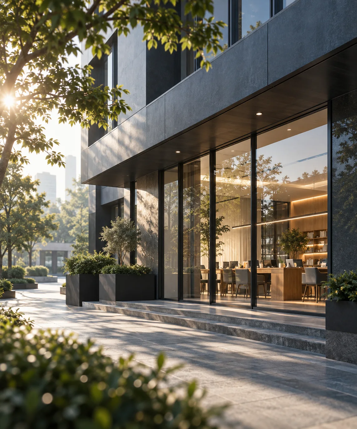 晨间商业建筑的侧立面，精心布置的橱窗成为小范围暖色焦点，前景树影与材质细节丰富