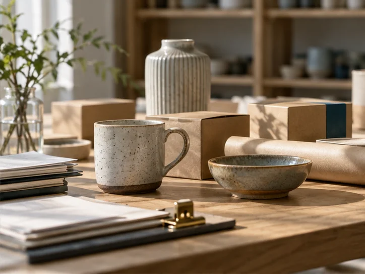 产品设计工作室的陶瓷和包装样品，旁边只有少量业务记录，账务支持产品经营的关系明确