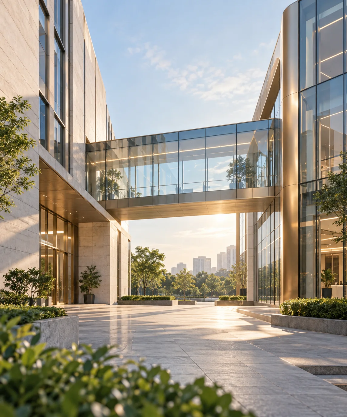 两翼不同材质的建筑通过通透廊桥相连，体量真实克制，以空间关系表达调整与协同
