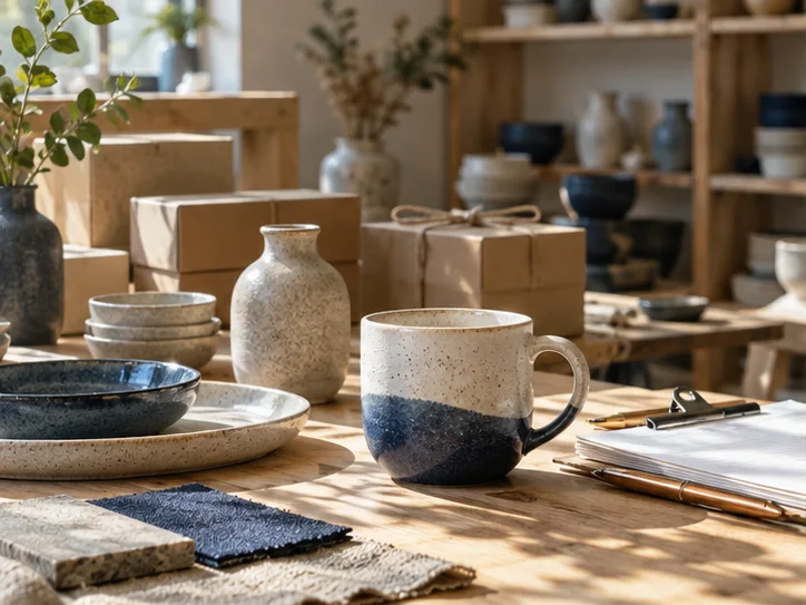 产品设计工作室的陶瓷和包装样品,旁边只有少量业务记录,账务支持产品经营的关系明确