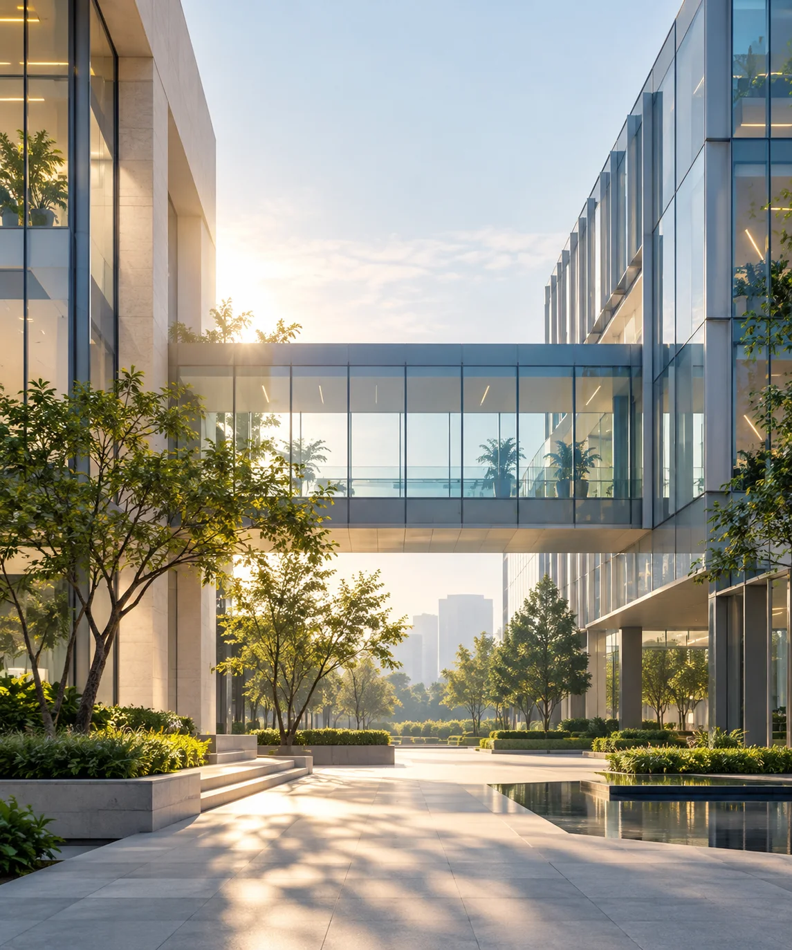 两翼不同材质的建筑通过通透廊桥相连，体量真实克制，以空间关系表达调整与协同