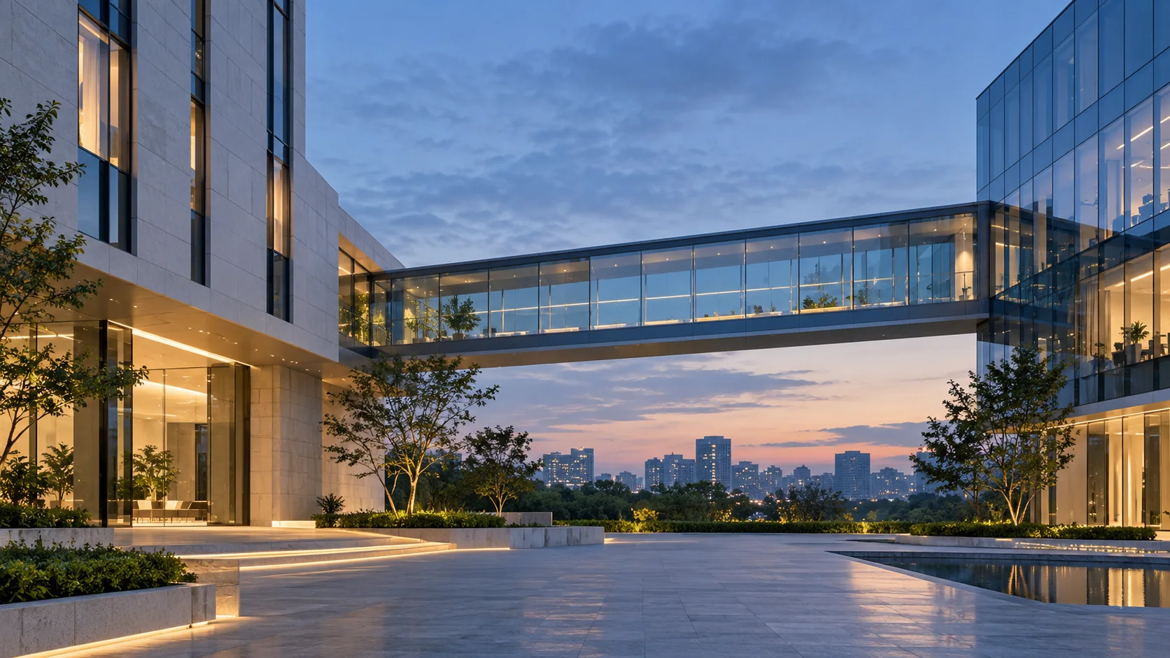 两翼不同材质的建筑通过通透廊桥相连,体量真实克制,以空间关系表达调整与协同
