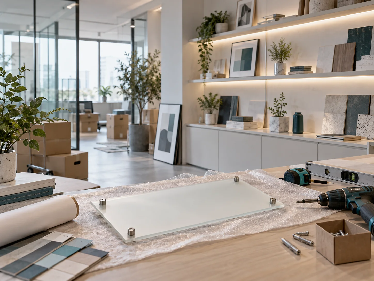 新工作室的样品展示墙刚布置好，未安装的空白门牌与工具放在前景，表达搬迁更新