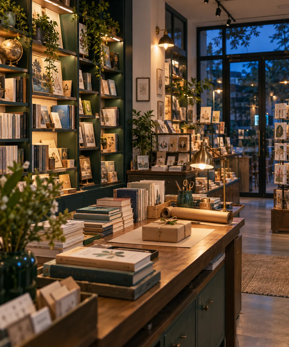 小型图书与文创门店的货架和包装区,书脊无可读文字,表现经营条件准备