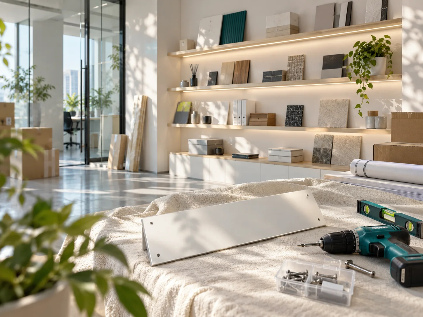 新工作室的样品展示墙刚布置好,未安装的空白门牌与工具放在前景,表达搬迁更新