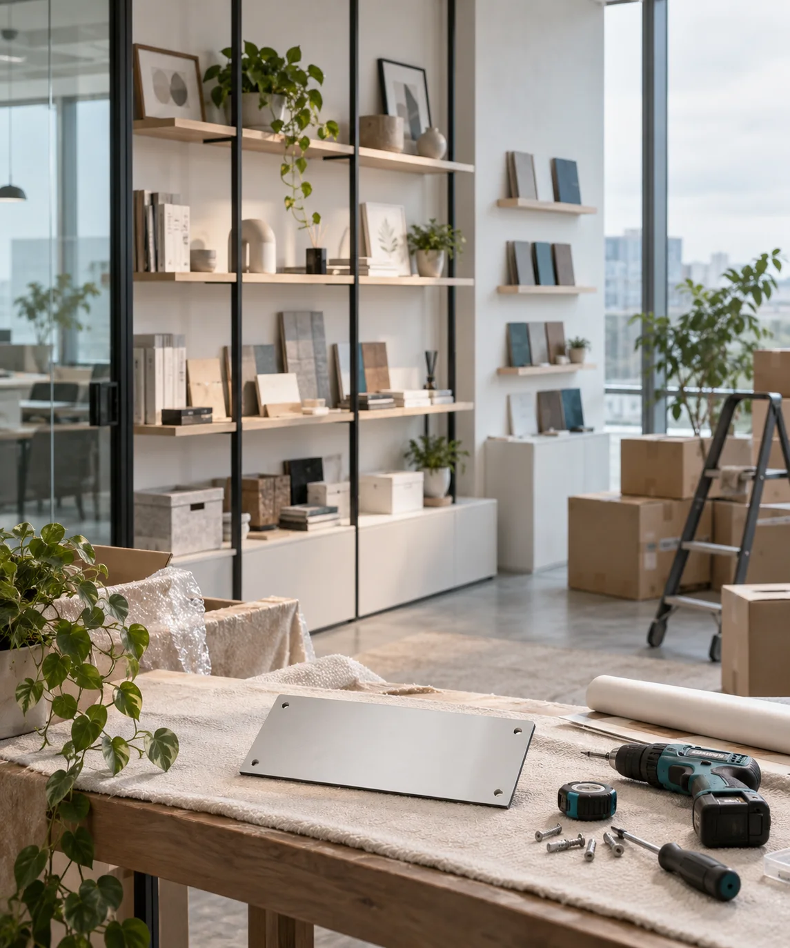 新工作室的样品展示墙刚布置好，未安装的空白门牌与工具放在前景，表达搬迁更新