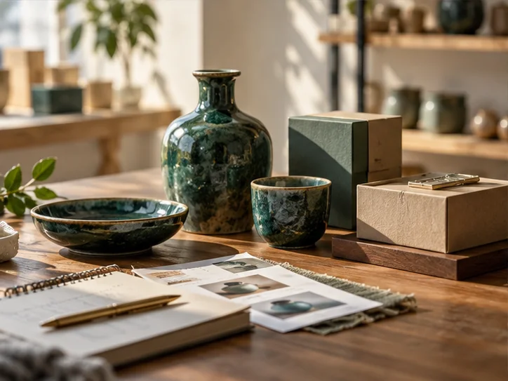 产品设计工作室的陶瓷和包装样品，旁边只有少量业务记录，账务支持产品经营的关系明确
