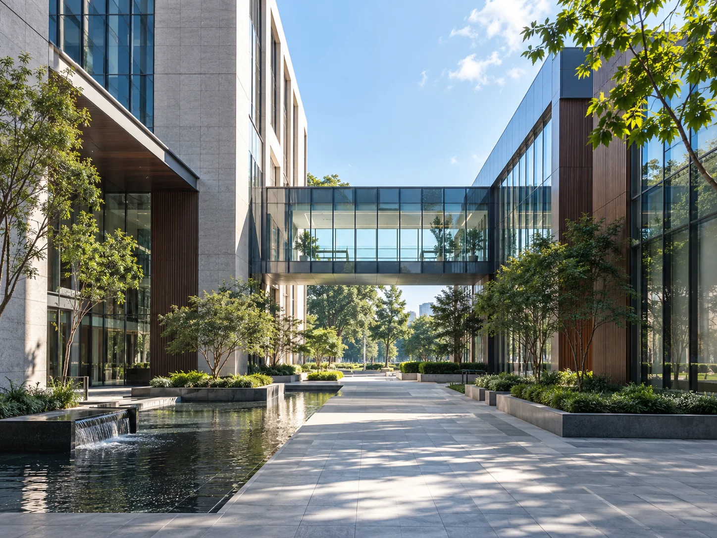 两翼不同材质的建筑通过通透廊桥相连,体量真实克制,以空间关系表达调整与协同