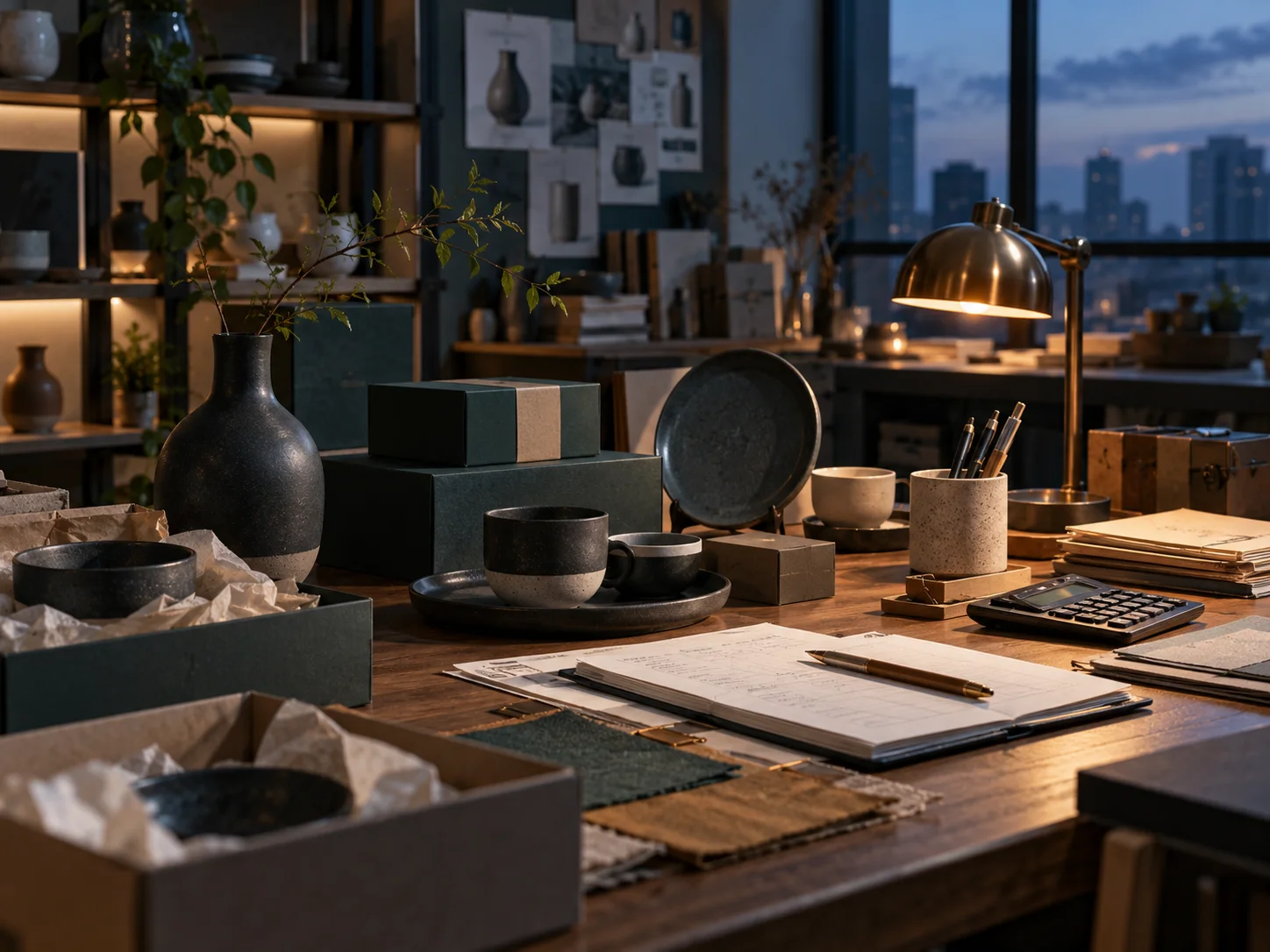 产品设计工作室的陶瓷和包装样品,旁边只有少量业务记录,账务支持产品经营的关系明确