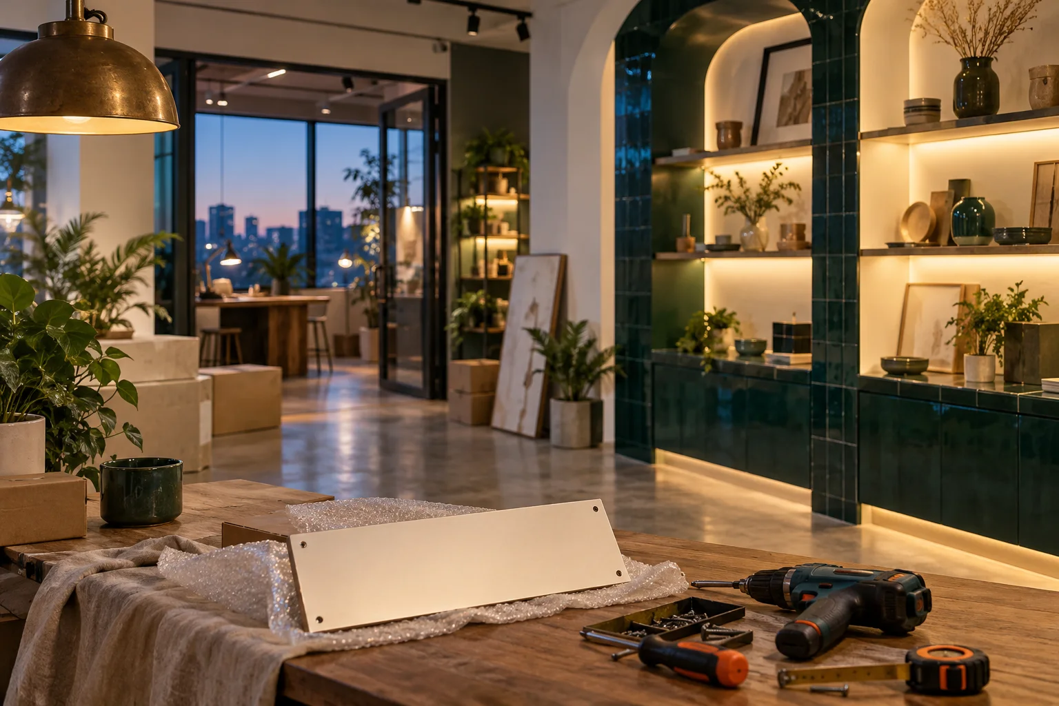 新工作室的样品展示墙刚布置好，未安装的空白门牌与工具放在前景，表达搬迁更新