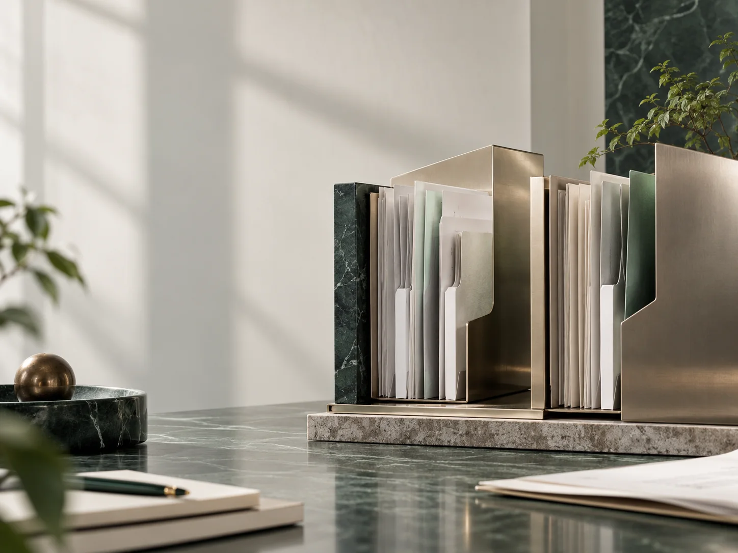 纸质档案与拉丝金属架构的两个部分重新嵌合，留白、阴影和材质成为画面主角