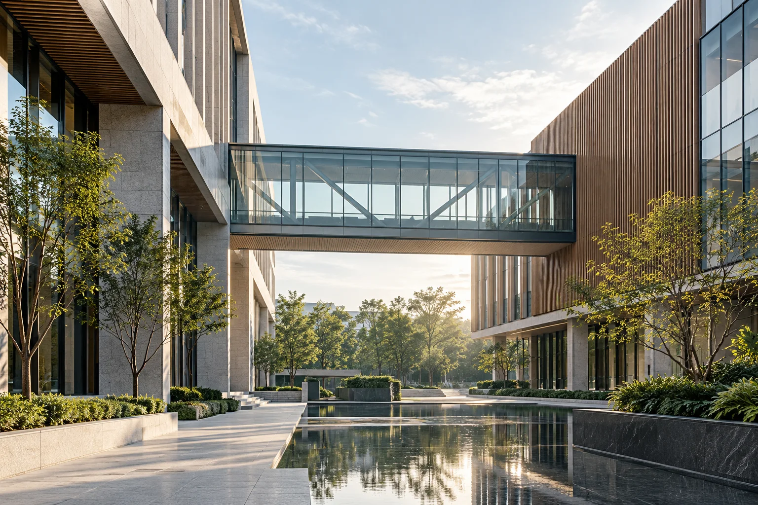 两翼不同材质的建筑通过通透廊桥相连，体量真实克制，以空间关系表达调整与协同