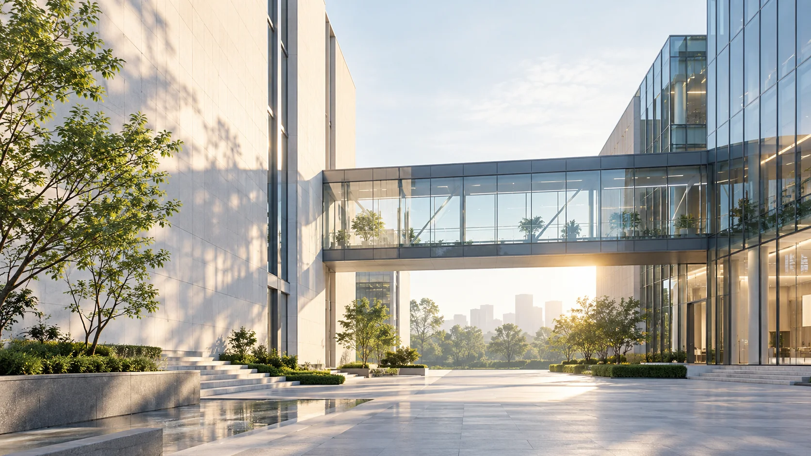 两翼不同材质的建筑通过通透廊桥相连,体量真实克制,以空间关系表达调整与协同