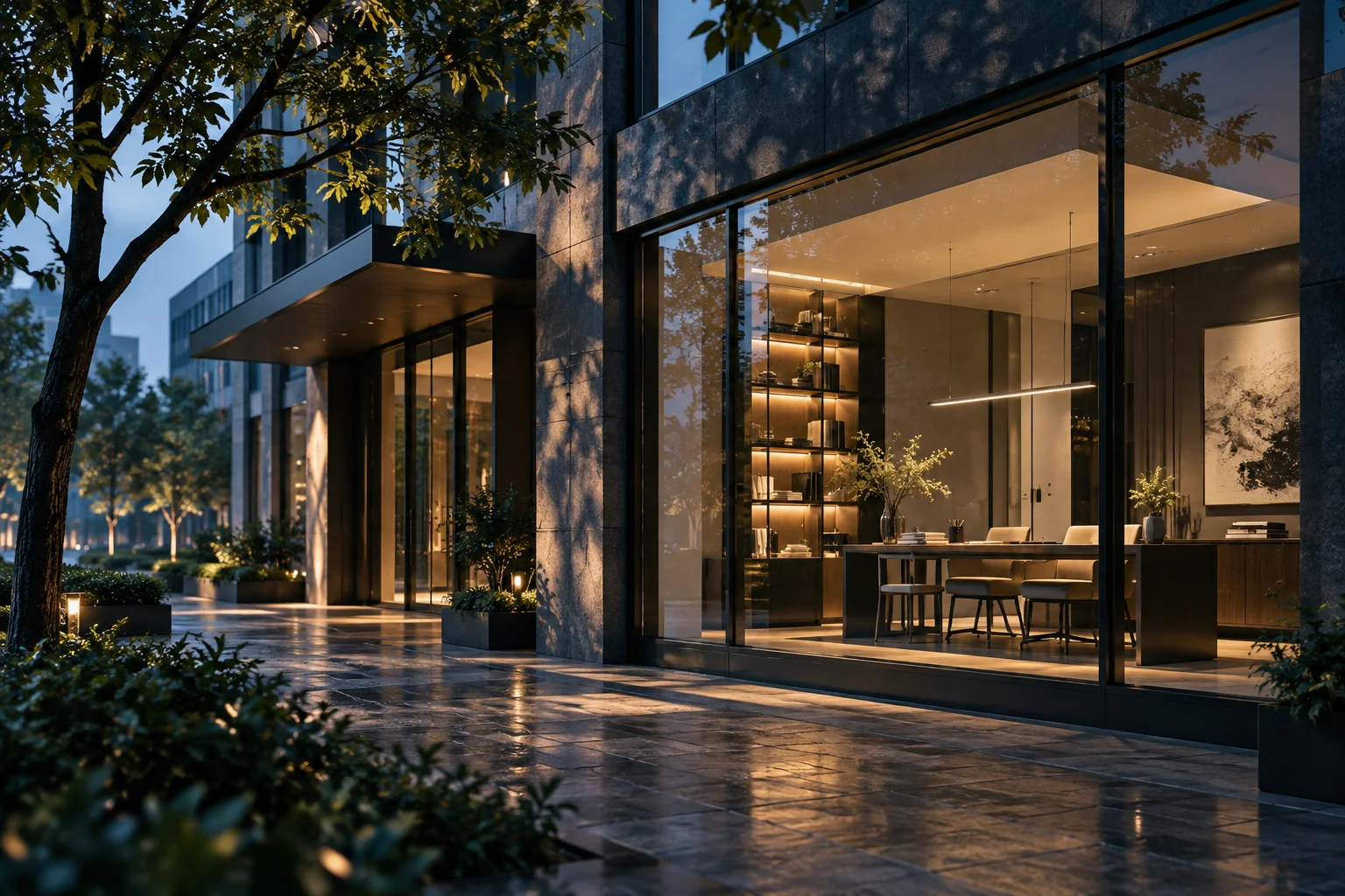 晨间商业建筑的侧立面,精心布置的橱窗成为小范围暖色焦点,前景树影与材质细节丰富