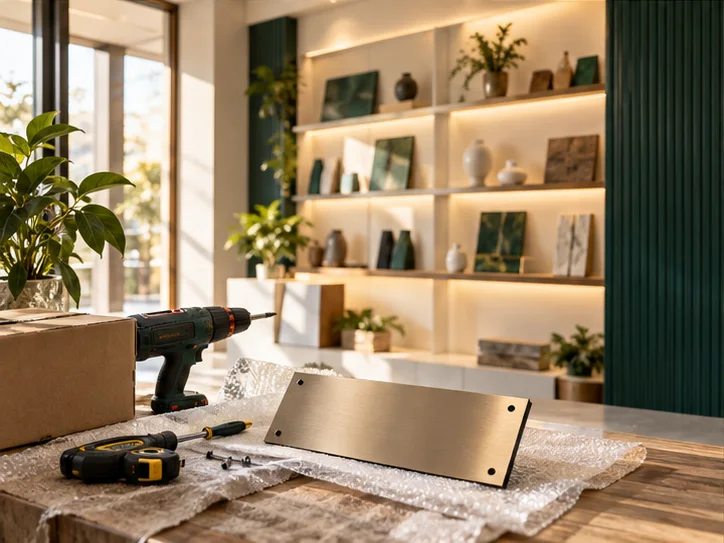 新工作室的样品展示墙刚布置好,未安装的空白门牌与工具放在前景,表达搬迁更新