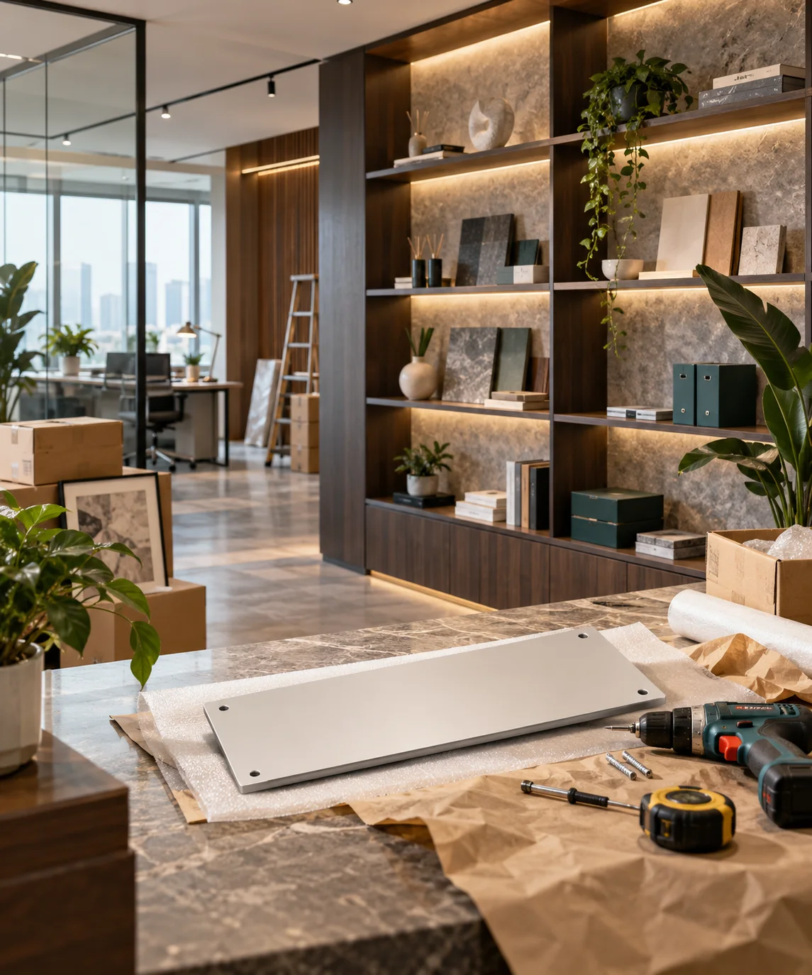 新工作室的样品展示墙刚布置好，未安装的空白门牌与工具放在前景，表达搬迁更新
