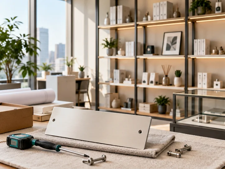 新工作室的样品展示墙刚布置好,未安装的空白门牌与工具放在前景,表达搬迁更新