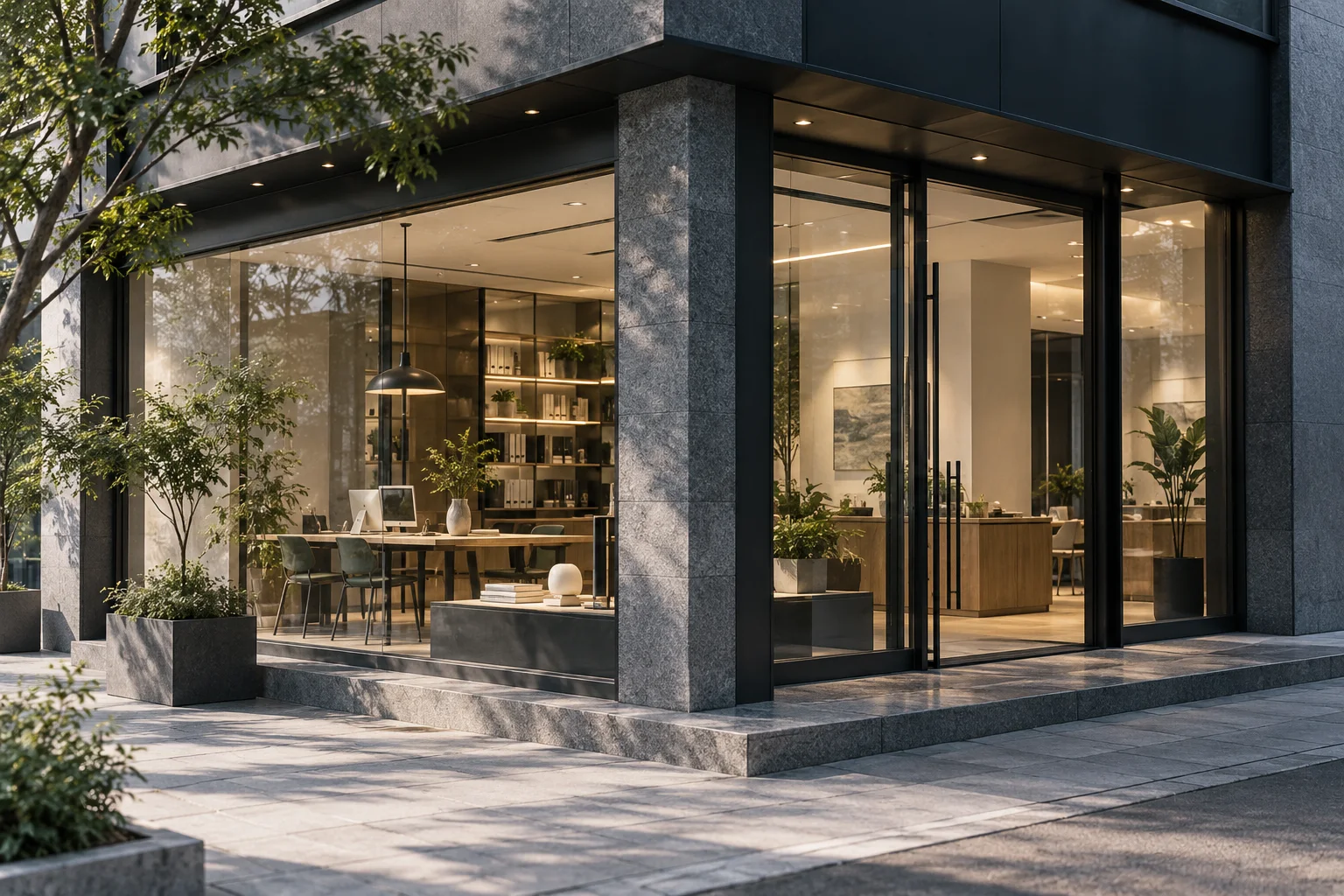 通透的现代街角独立店铺，石材门廊框住温暖的陈列空间，经营日常已从容展开