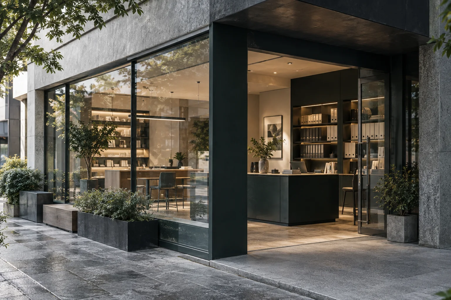通透的现代街角独立店铺,石材门廊框住温暖的陈列空间,经营日常已从容展开