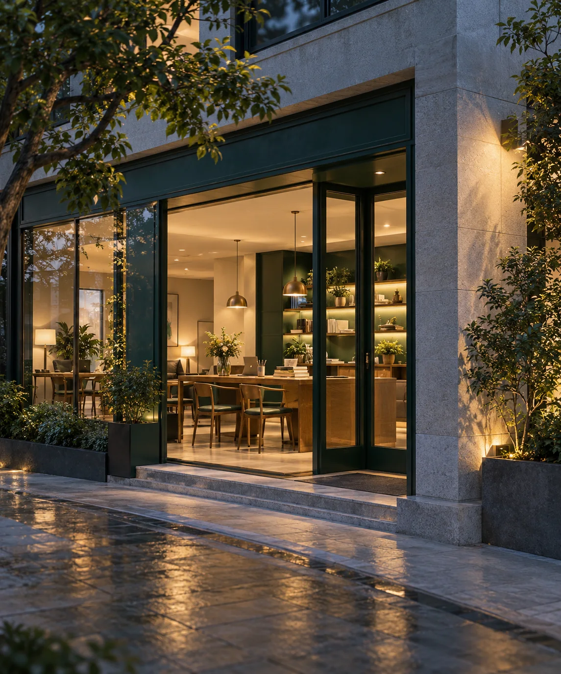 通透的现代街角独立店铺，石材门廊框住温暖的陈列空间，经营日常已从容展开