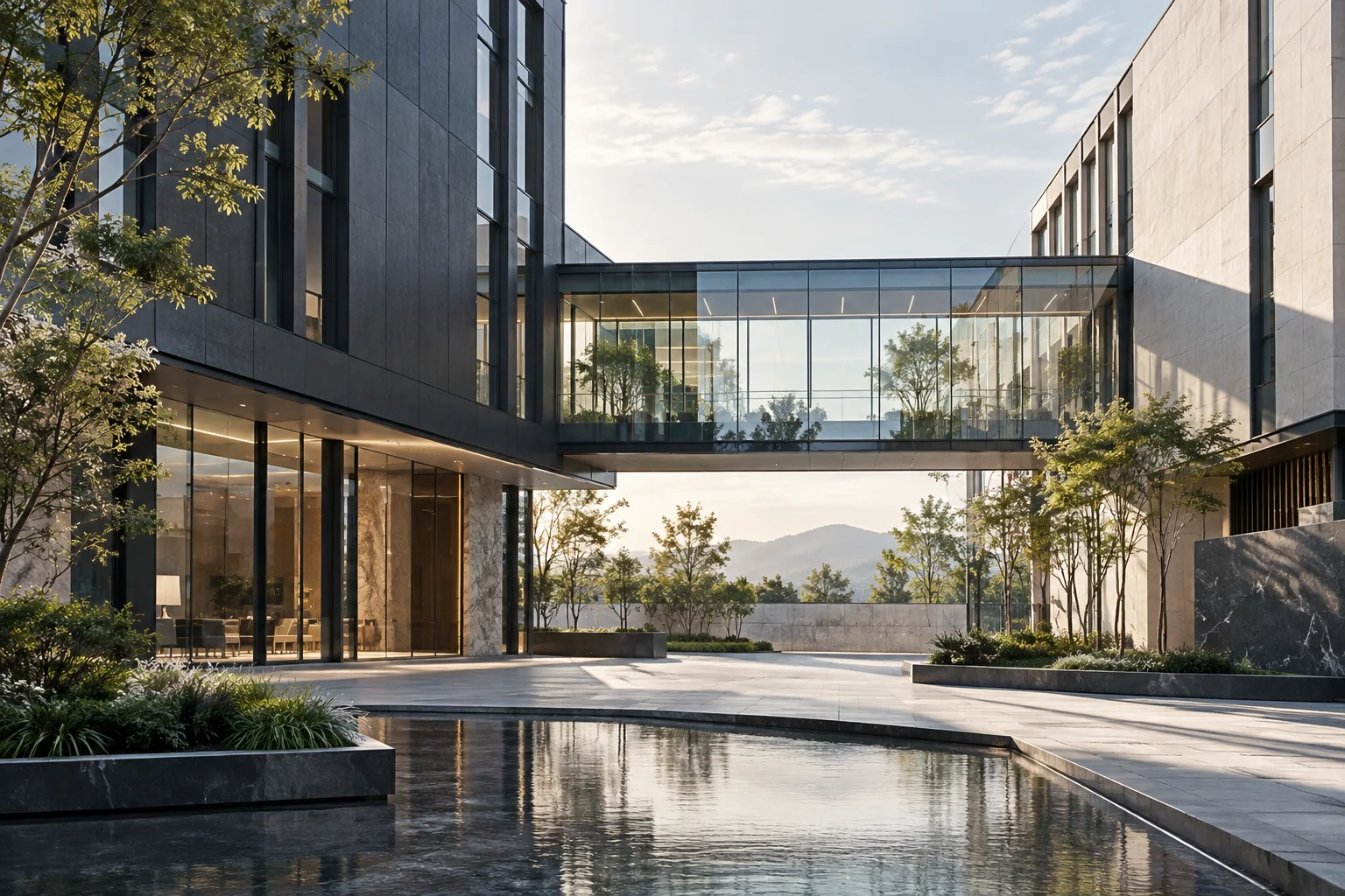 两翼不同材质的建筑通过通透廊桥相连,体量真实克制,以空间关系表达调整与协同