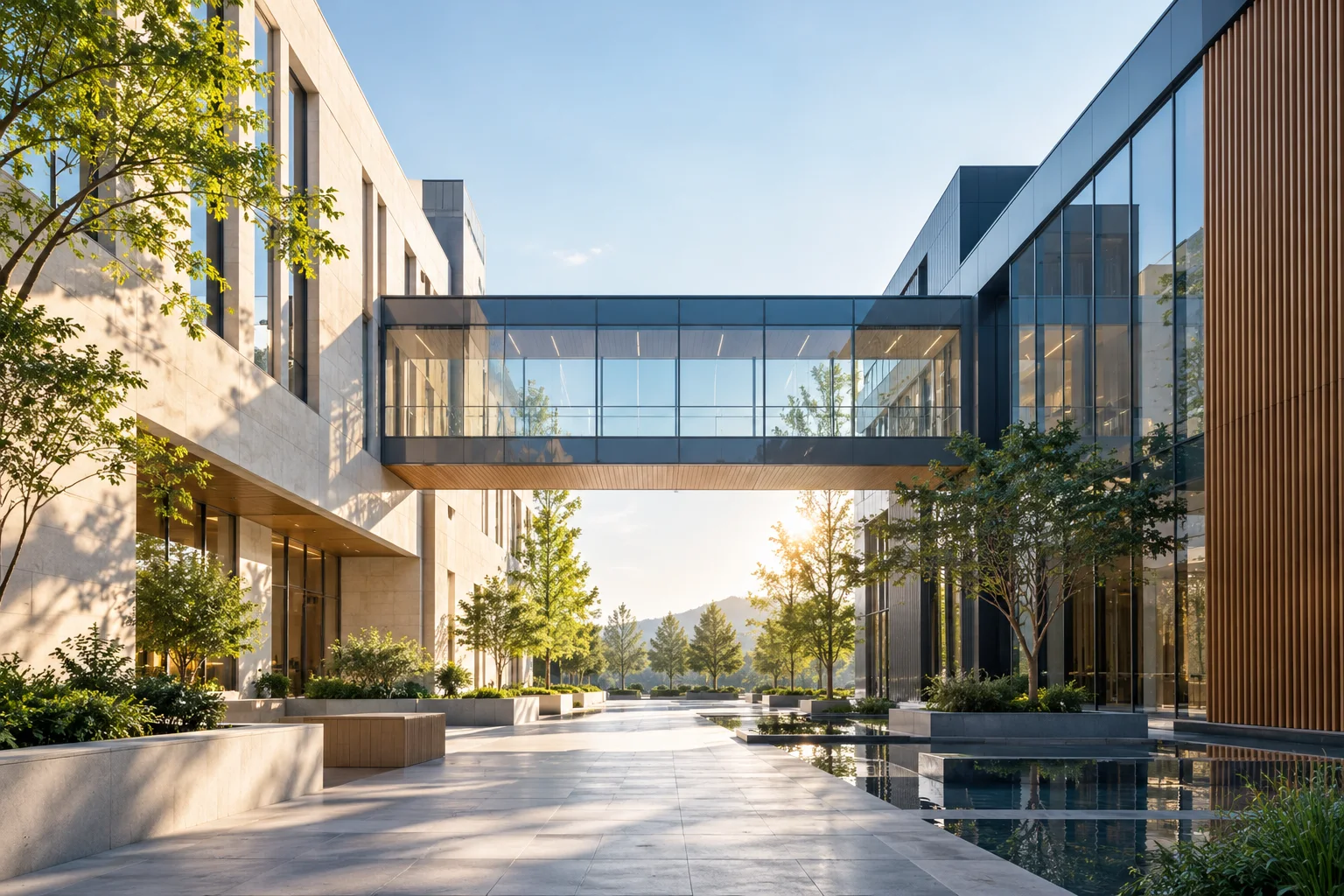 两翼不同材质的建筑通过通透廊桥相连,体量真实克制,以空间关系表达调整与协同