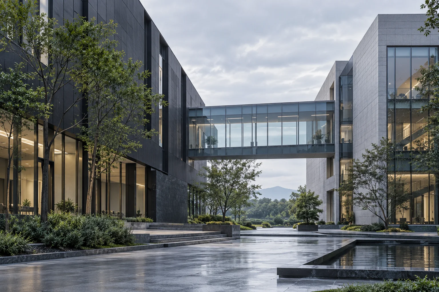 两翼不同材质的建筑通过通透廊桥相连,体量真实克制,以空间关系表达调整与协同