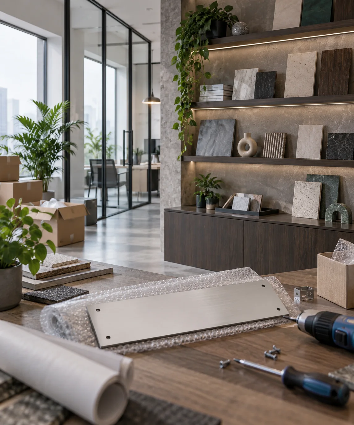 新工作室的样品展示墙刚布置好，未安装的空白门牌与工具放在前景，表达搬迁更新