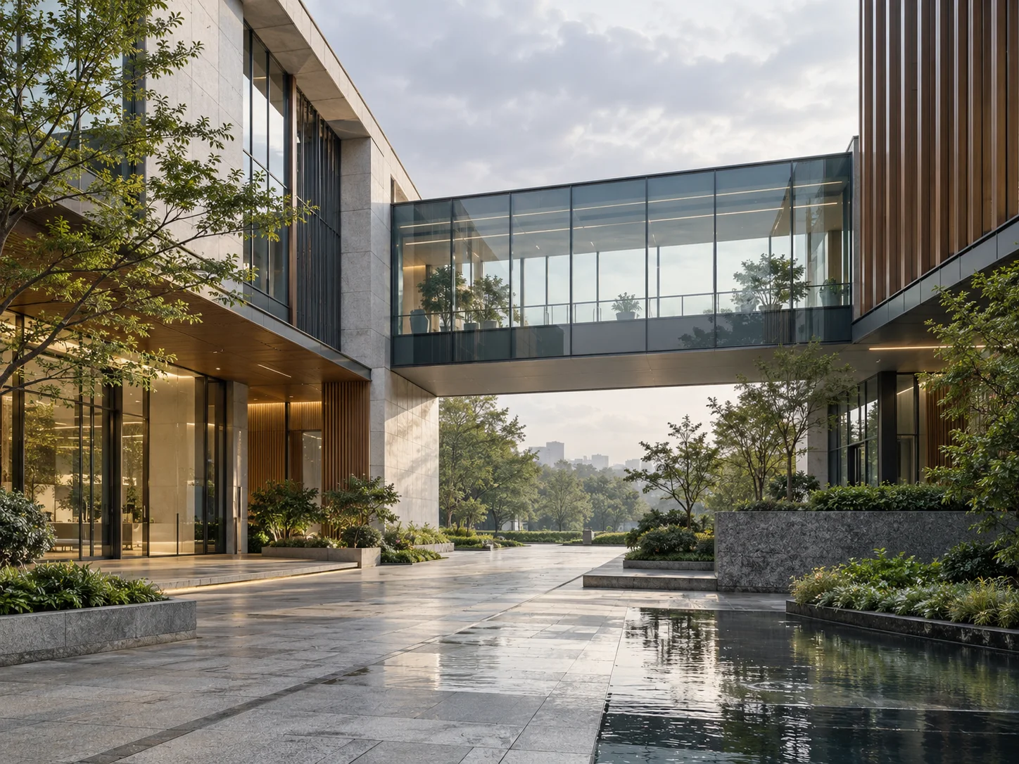 两翼不同材质的建筑通过通透廊桥相连,体量真实克制,以空间关系表达调整与协同