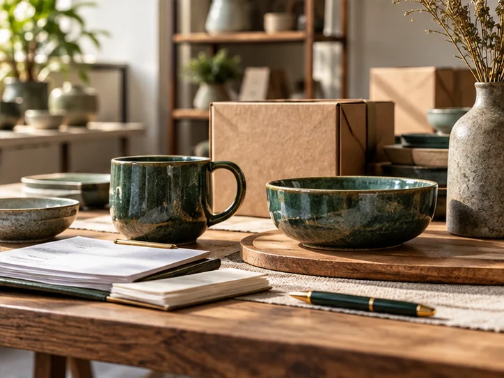 产品设计工作室的陶瓷和包装样品，旁边只有少量业务记录，账务支持产品经营的关系明确