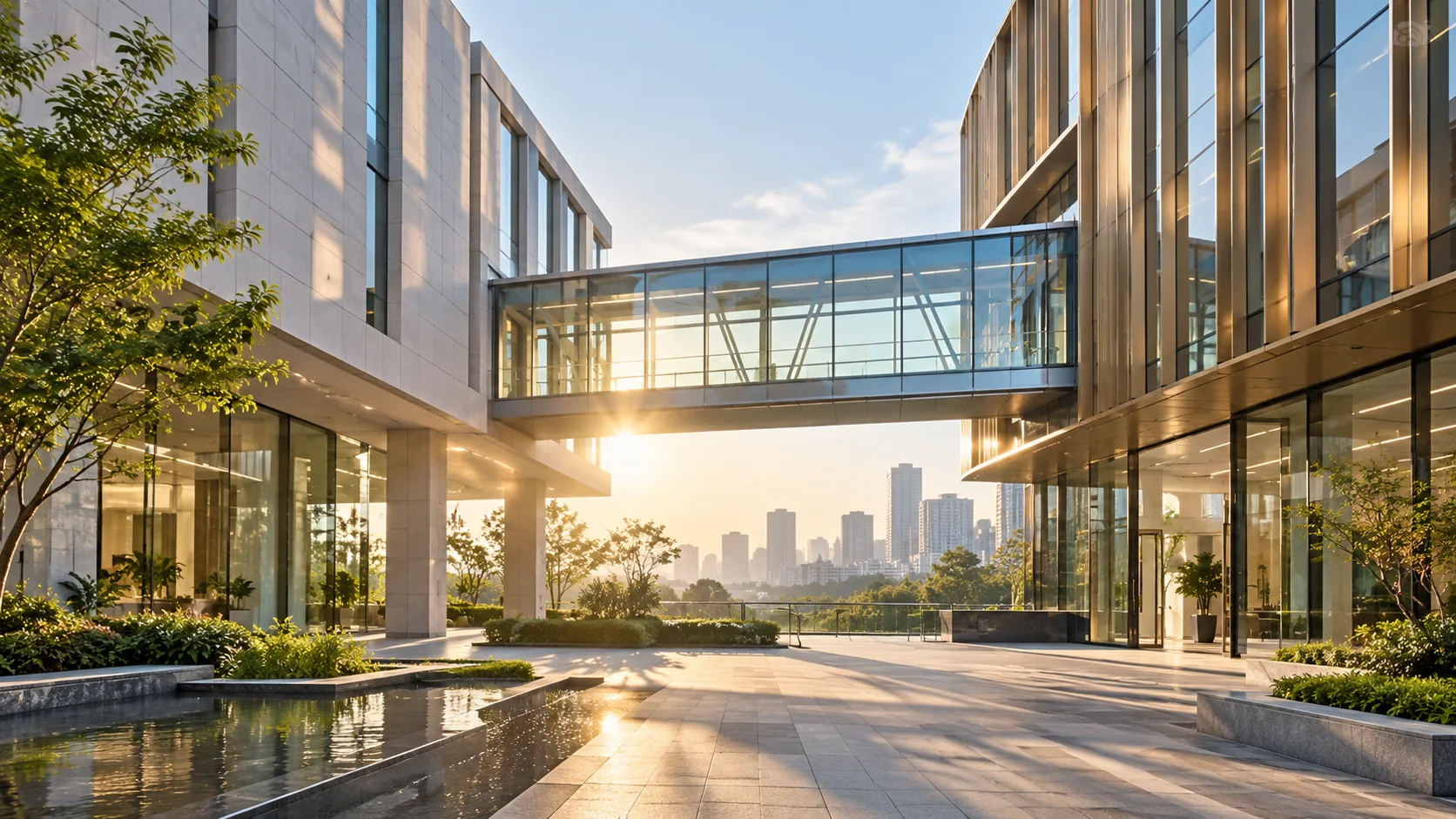 两翼不同材质的建筑通过通透廊桥相连,体量真实克制,以空间关系表达调整与协同