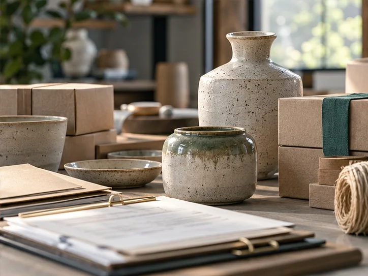 产品设计工作室的陶瓷和包装样品,旁边只有少量业务记录,账务支持产品经营的关系明确