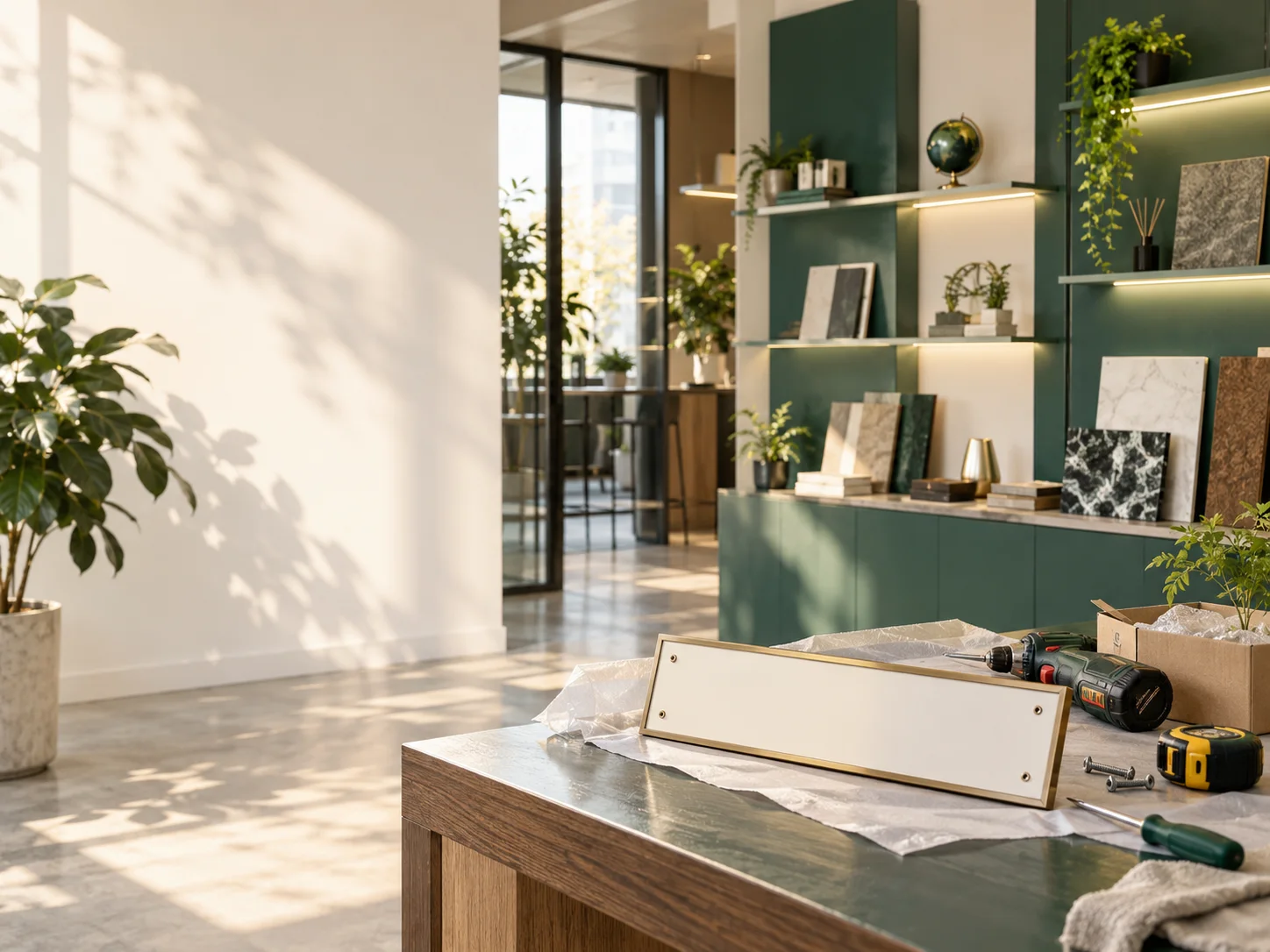 新工作室的样品展示墙刚布置好,未安装的空白门牌与工具放在前景,表达搬迁更新