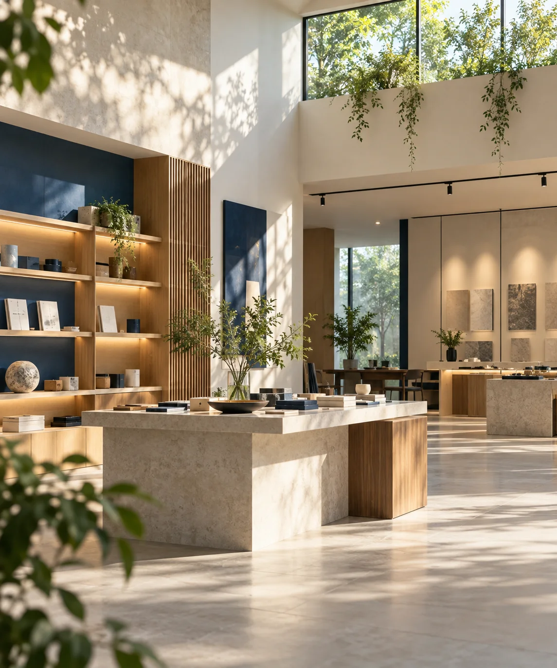 现代小型展厅，分区清楚、产品陈列克制，日光由高窗进入，表现开展业务前的秩序
