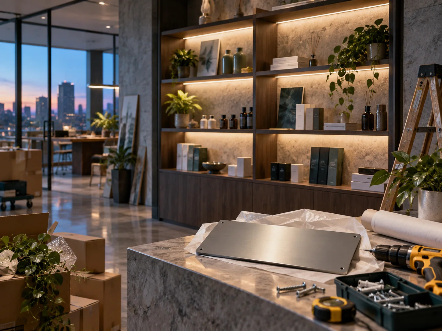 新工作室的样品展示墙刚布置好，未安装的空白门牌与工具放在前景，表达搬迁更新