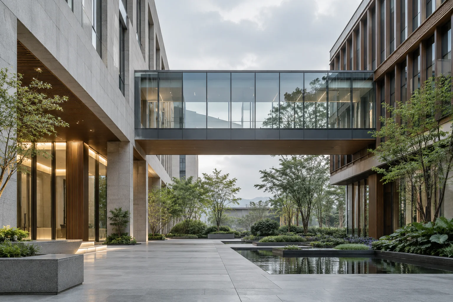 两翼不同材质的建筑通过通透廊桥相连，体量真实克制，以空间关系表达调整与协同