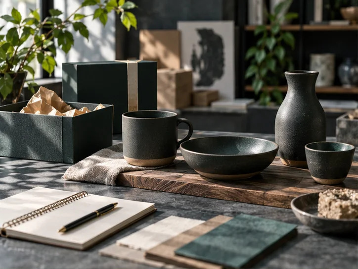 产品设计工作室的陶瓷和包装样品,旁边只有少量业务记录,账务支持产品经营的关系明确
