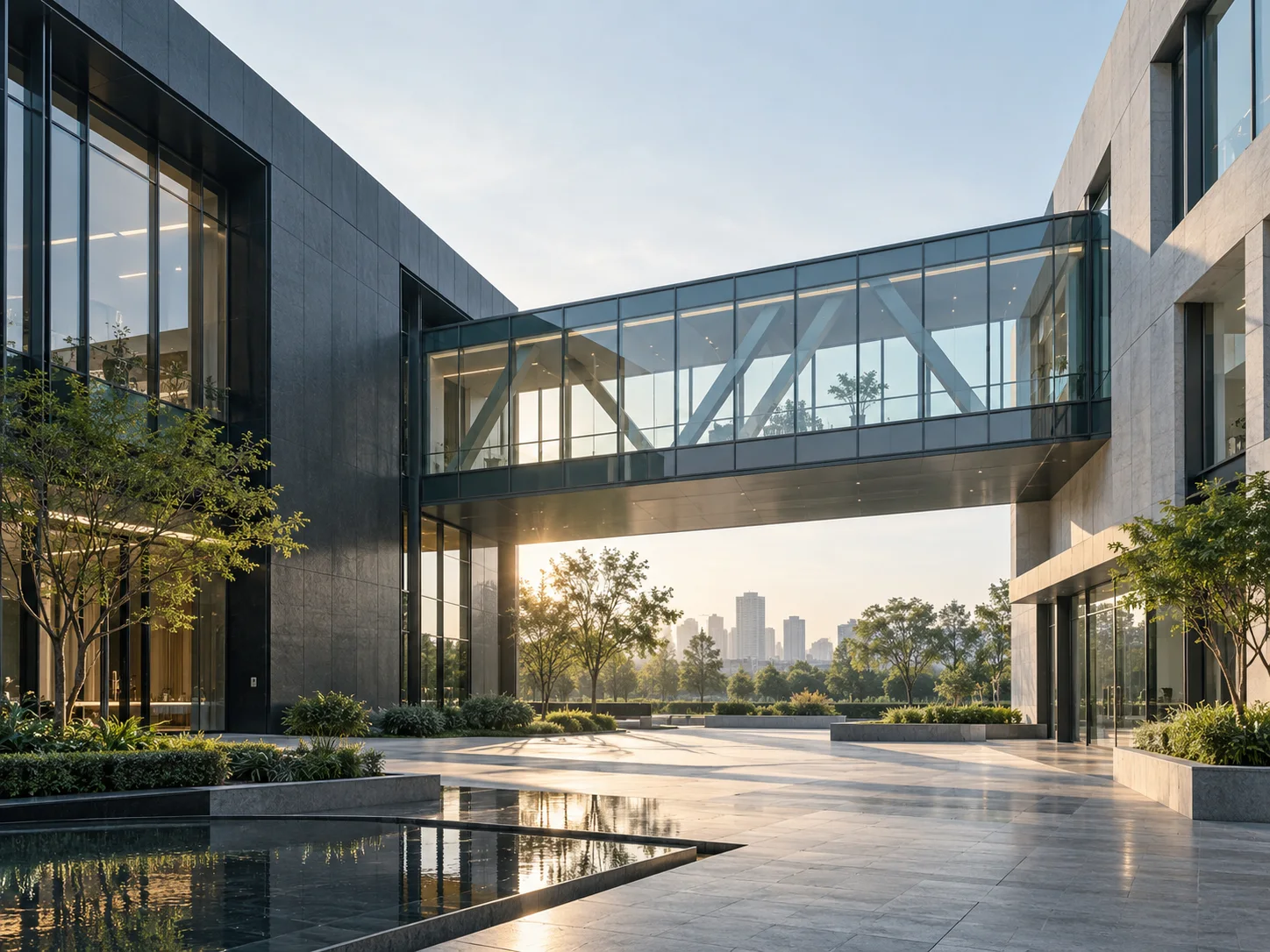 两翼不同材质的建筑通过通透廊桥相连，体量真实克制，以空间关系表达调整与协同
