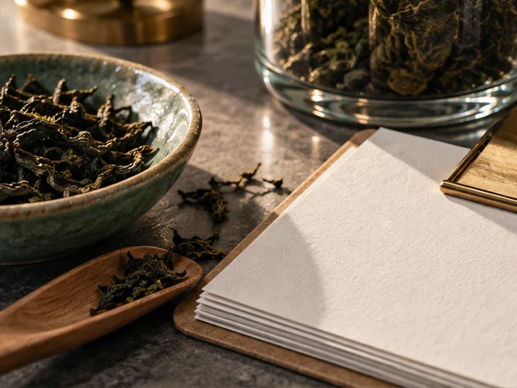 产品样品的纹理与对应记录卡的纸张纤维同时入焦，表现账务贴近真实业务