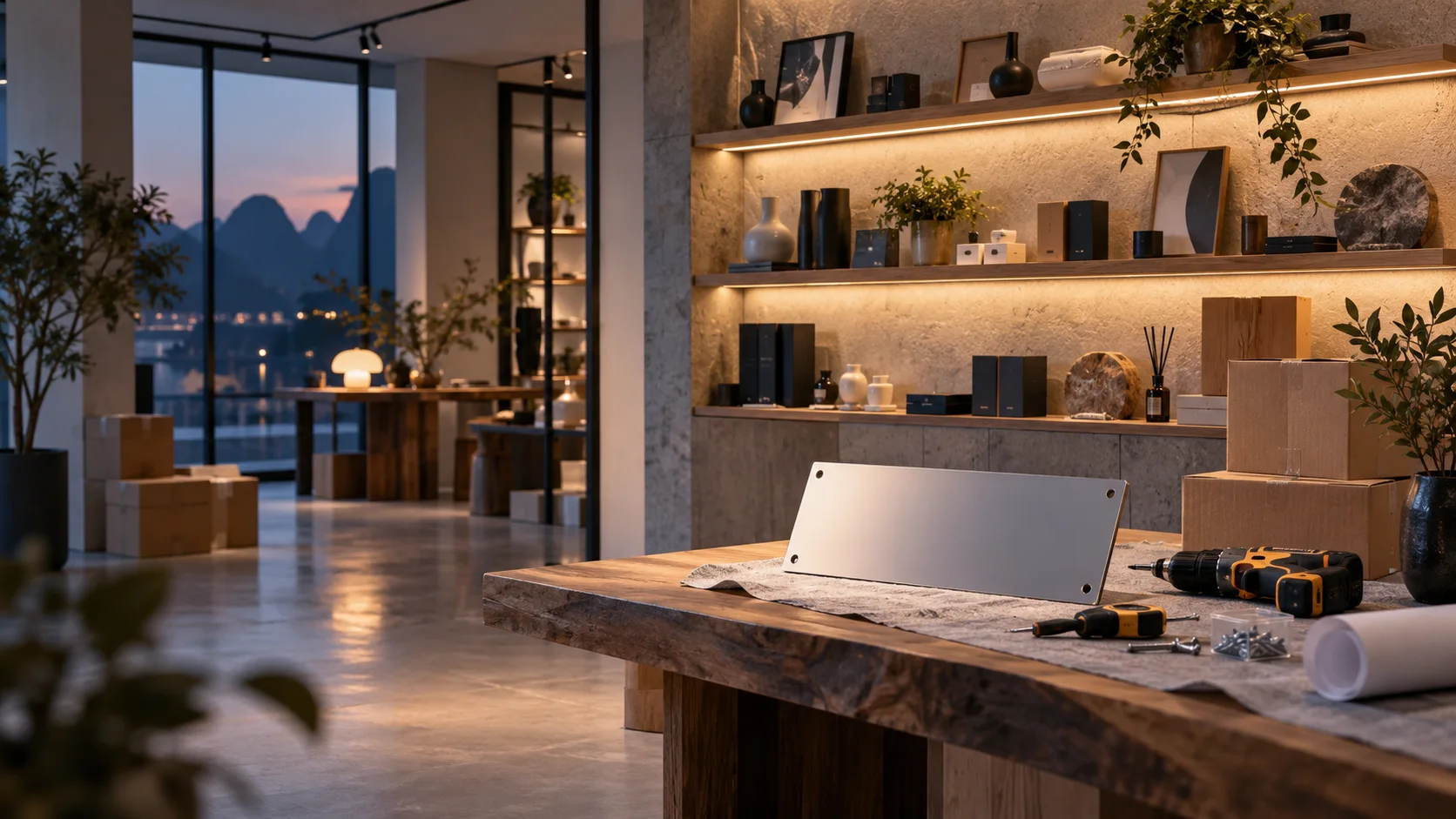 新工作室的样品展示墙刚布置好，未安装的空白门牌与工具放在前景，表达搬迁更新