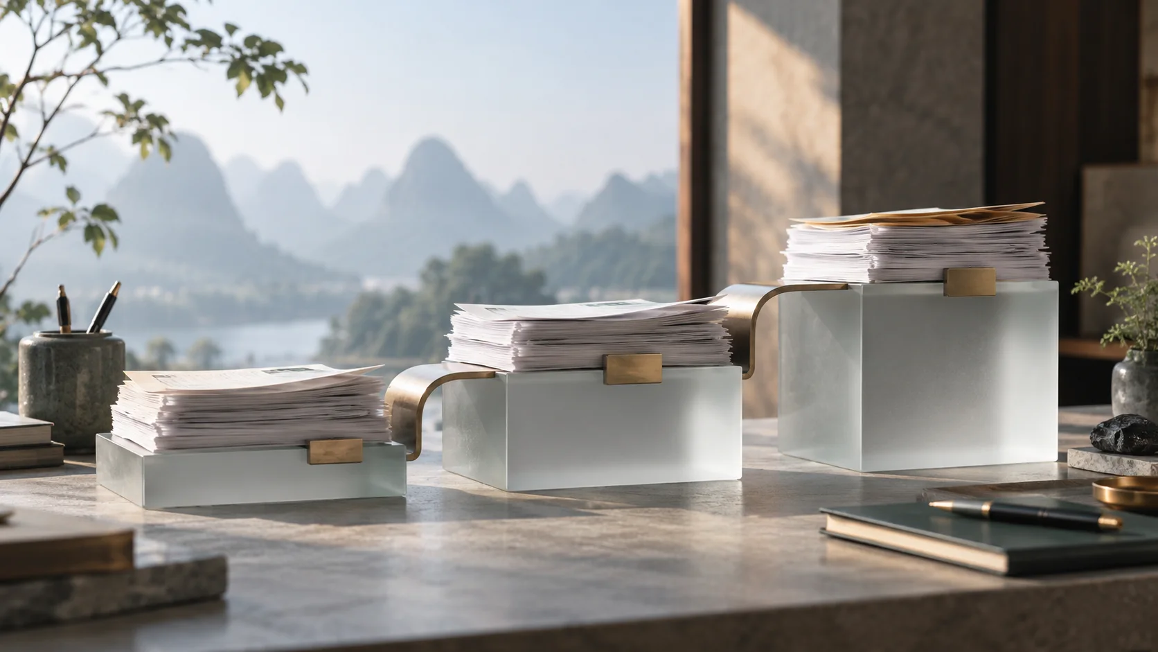 三组薄纸与磨砂玻璃盒形成有序的错层构成，中间真实金属桥接件体现日常账务归集