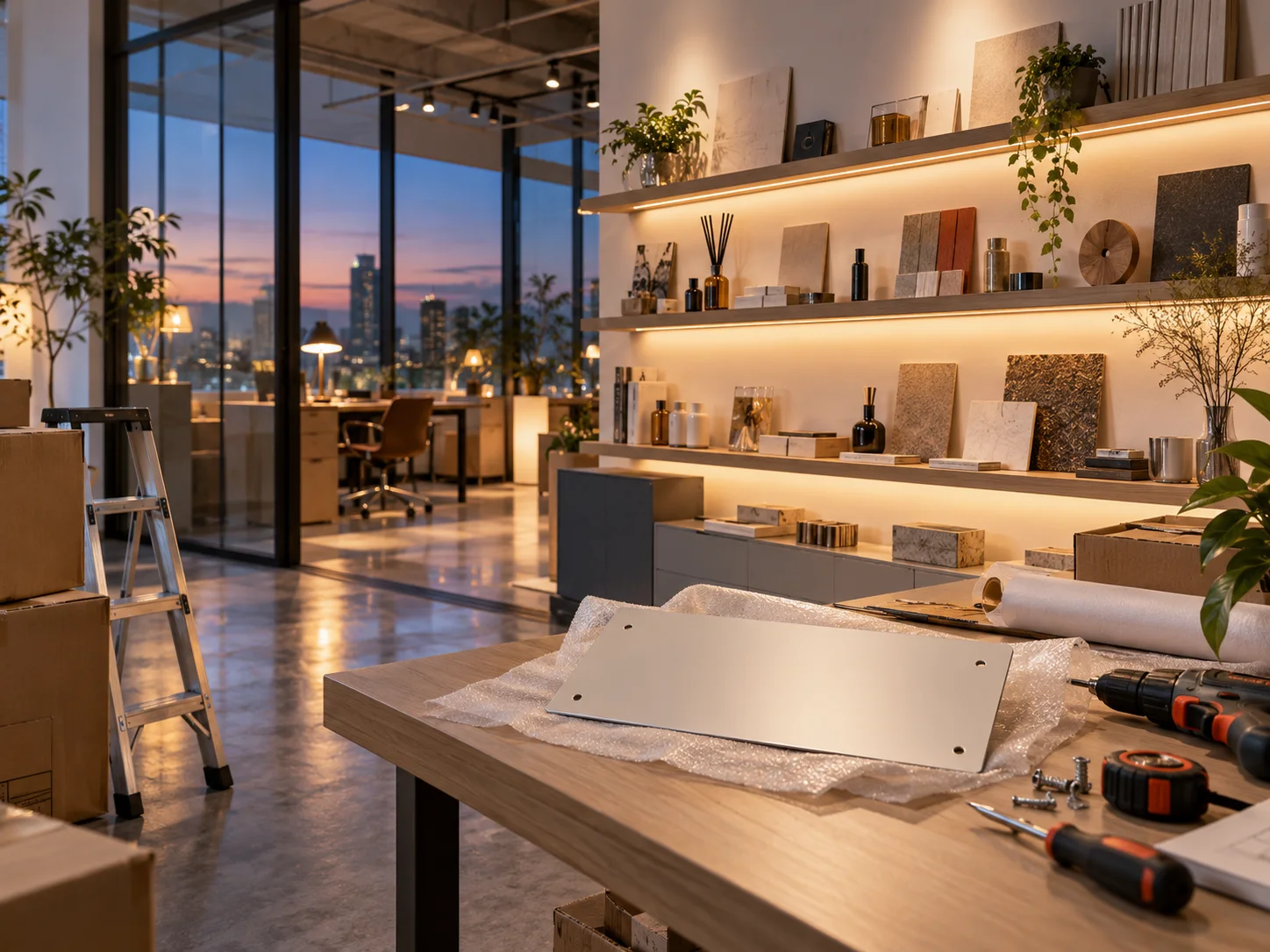新工作室的样品展示墙刚布置好，未安装的空白门牌与工具放在前景，表达搬迁更新