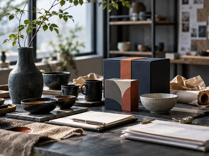 产品设计工作室的陶瓷和包装样品,旁边只有少量业务记录,账务支持产品经营的关系明确