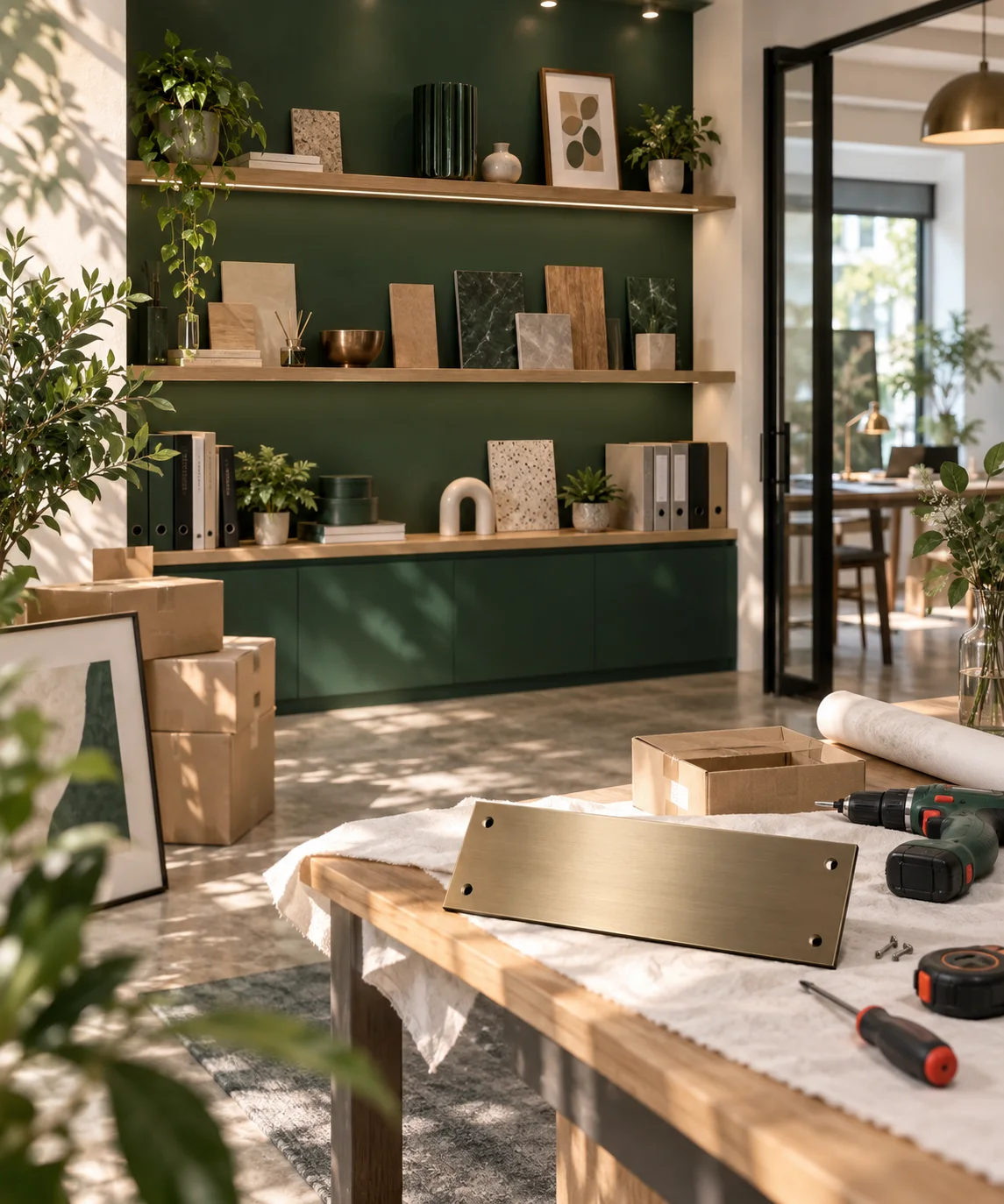 新工作室的样品展示墙刚布置好,未安装的空白门牌与工具放在前景,表达搬迁更新